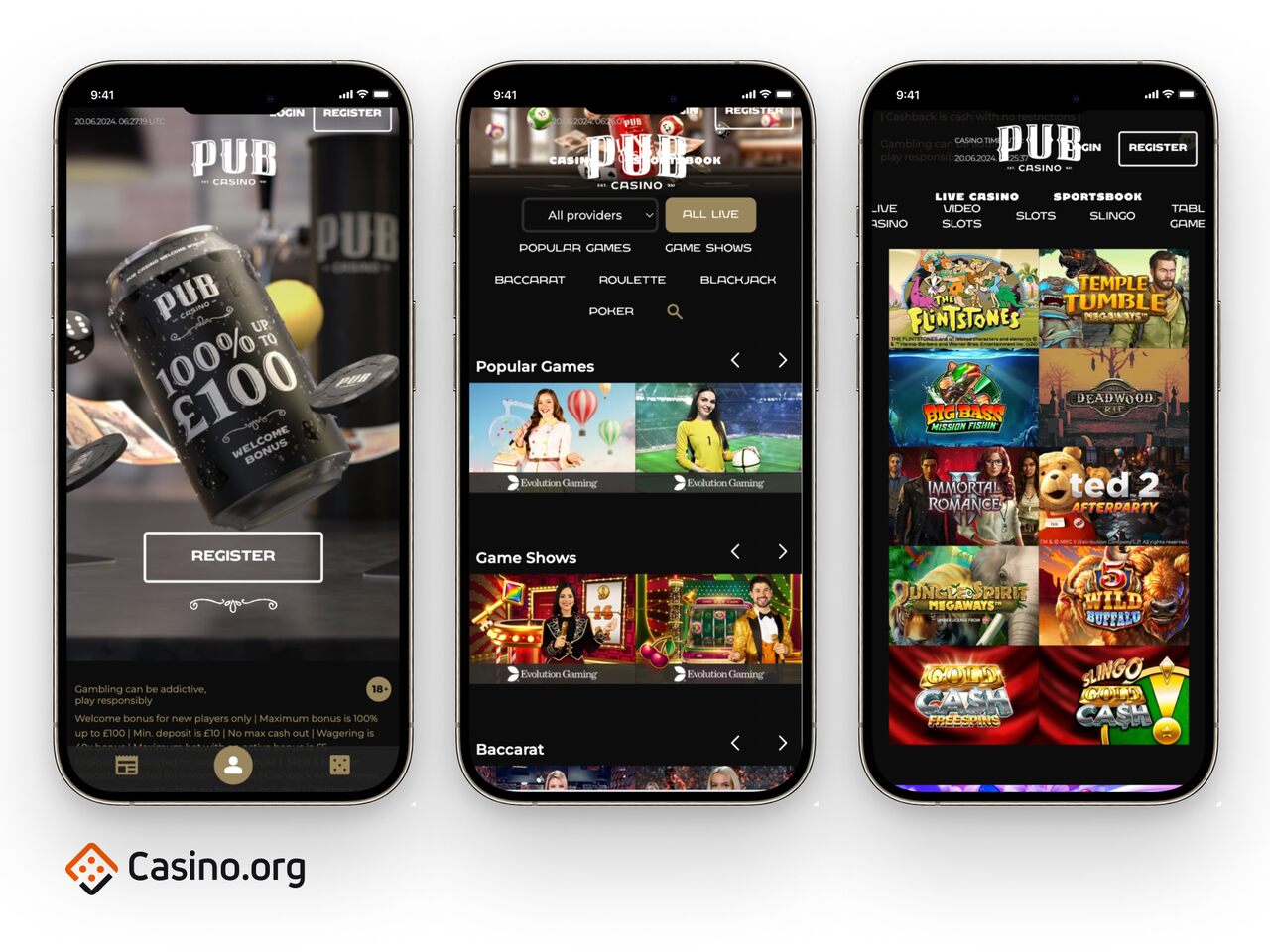 Pub Casino lobby and sign up